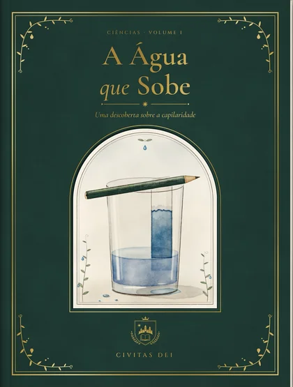 Capa do livro A Água que Sobe: capa verde com douração, o título e uma aquarela de um copo com uma tira de papel por onde a água azul sobe